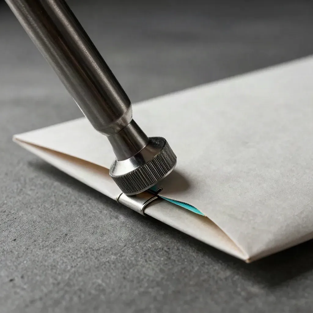 Macro of a steel tamper seal crimped around a courier envelope on charcoal concrete.