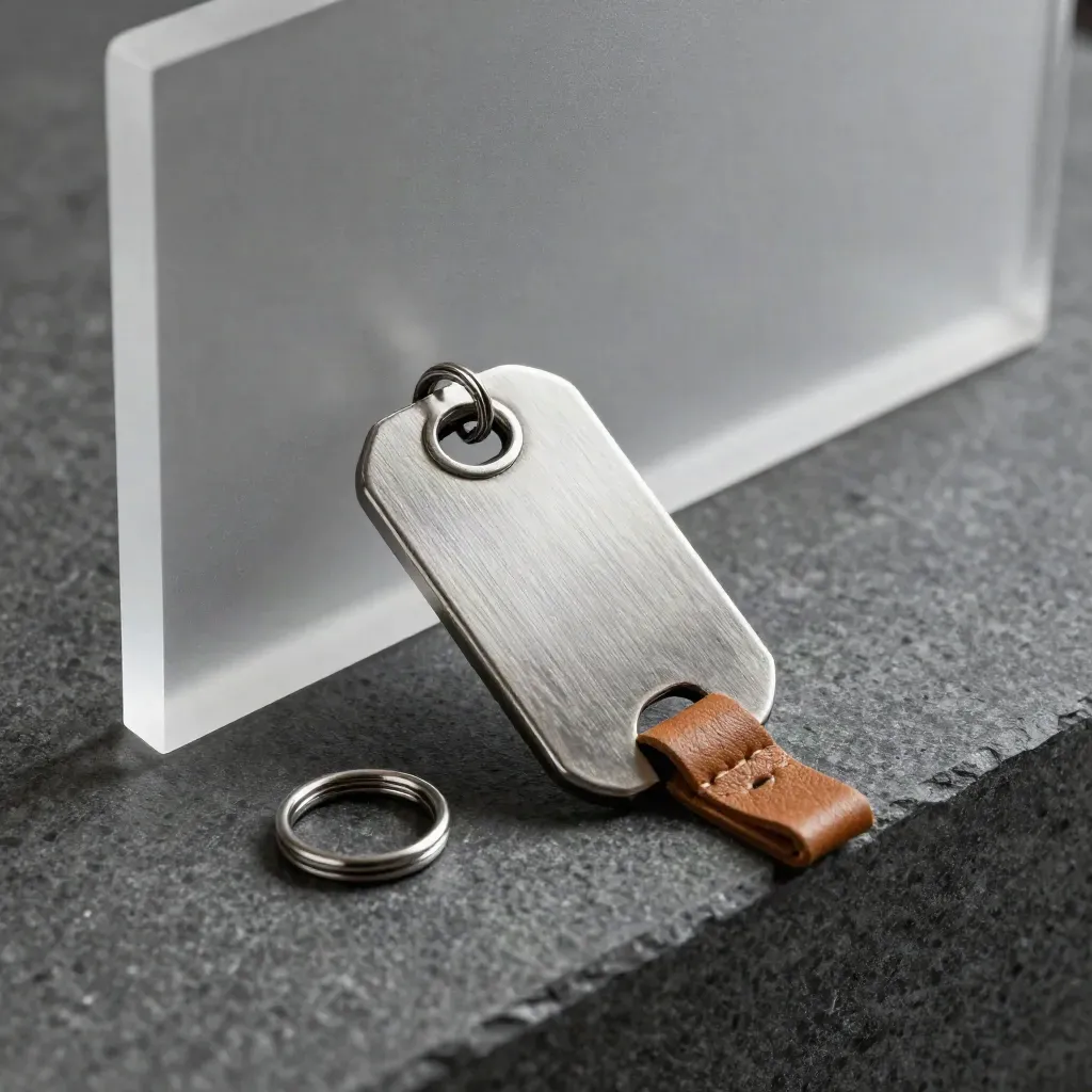 Satin key tag leaning on frosted acrylic with a leather tab on dark stone.