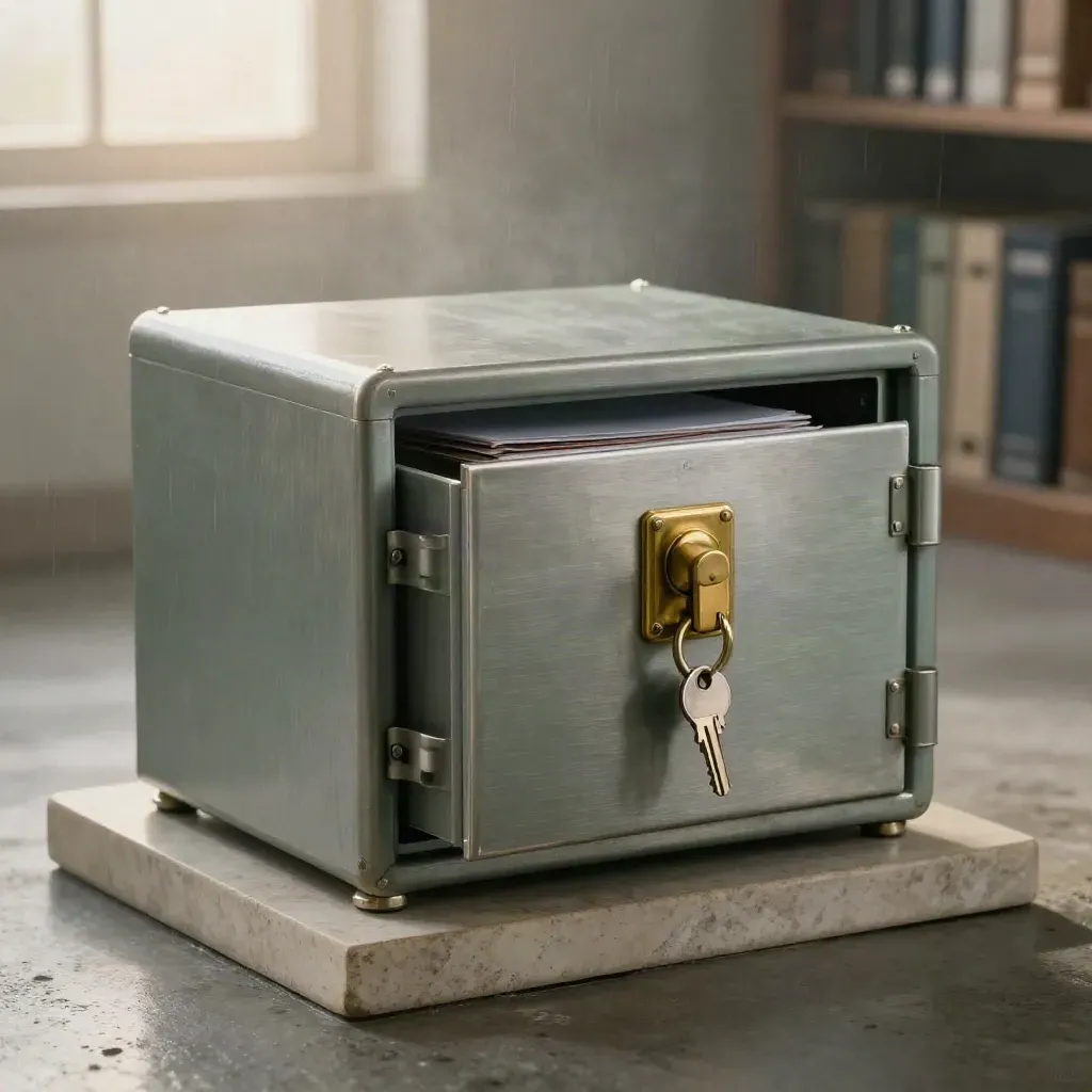 Brushed-aluminum vault chest ajar with archive wallets, steel key tags, and a stone plinth.