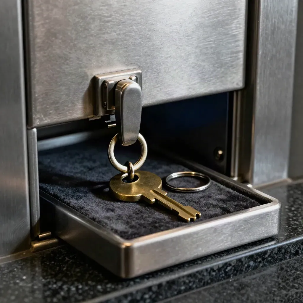 Brushed latch over a velvet key tray with brass keys on dark basalt in a bank vault nook