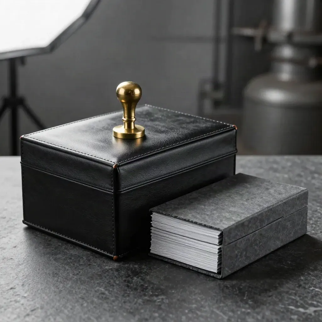 Black leather casefile, brass seal press, slate archive box, and tabbed folders on dark stone.