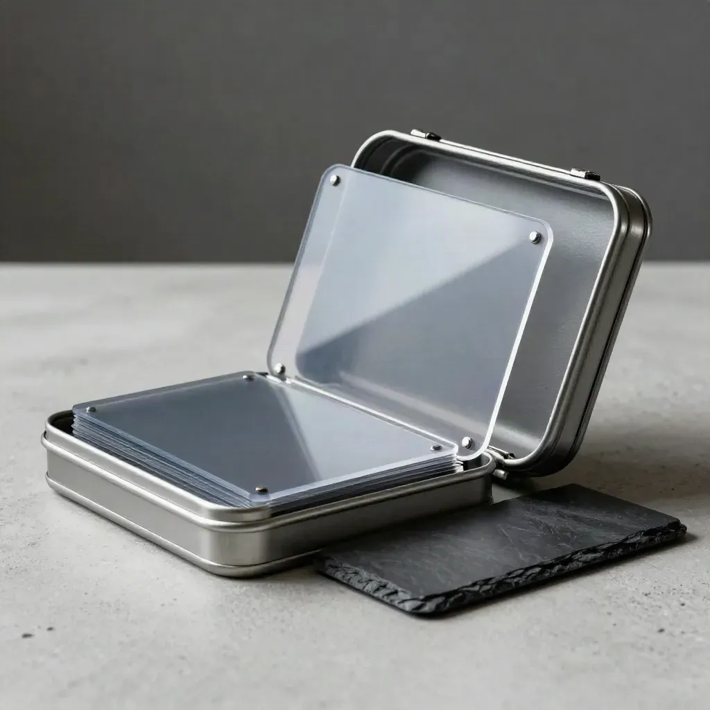Macro still life of a proof case, acetate sleeves, and aluminum archive tin on pale concrete.
