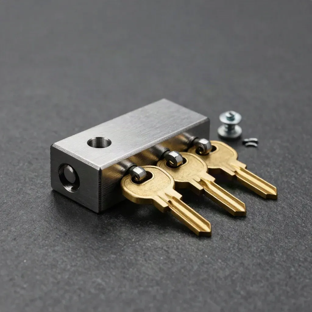 Brass keys beside a steel lock cylinder plate on a graphite stone surface.