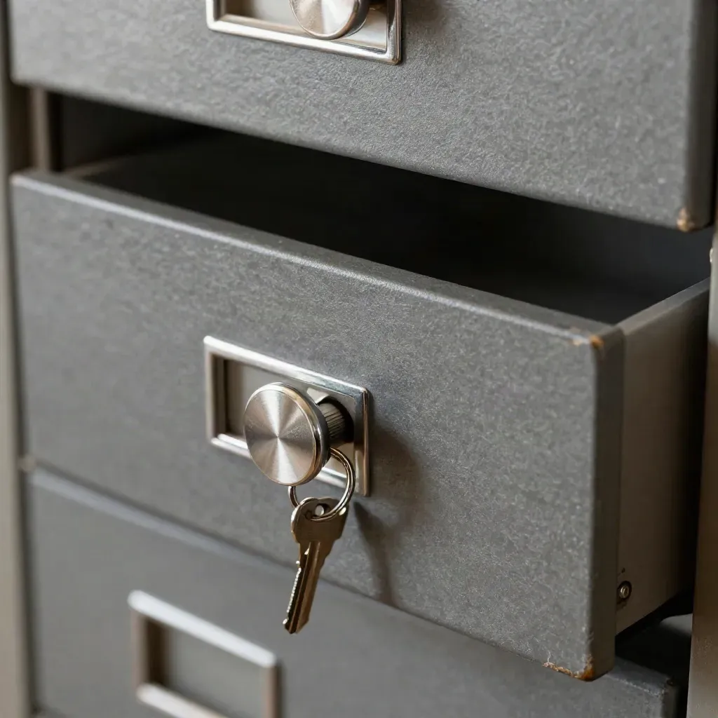 Slate finance drawer edge, metal knob and key ring in moody close-up