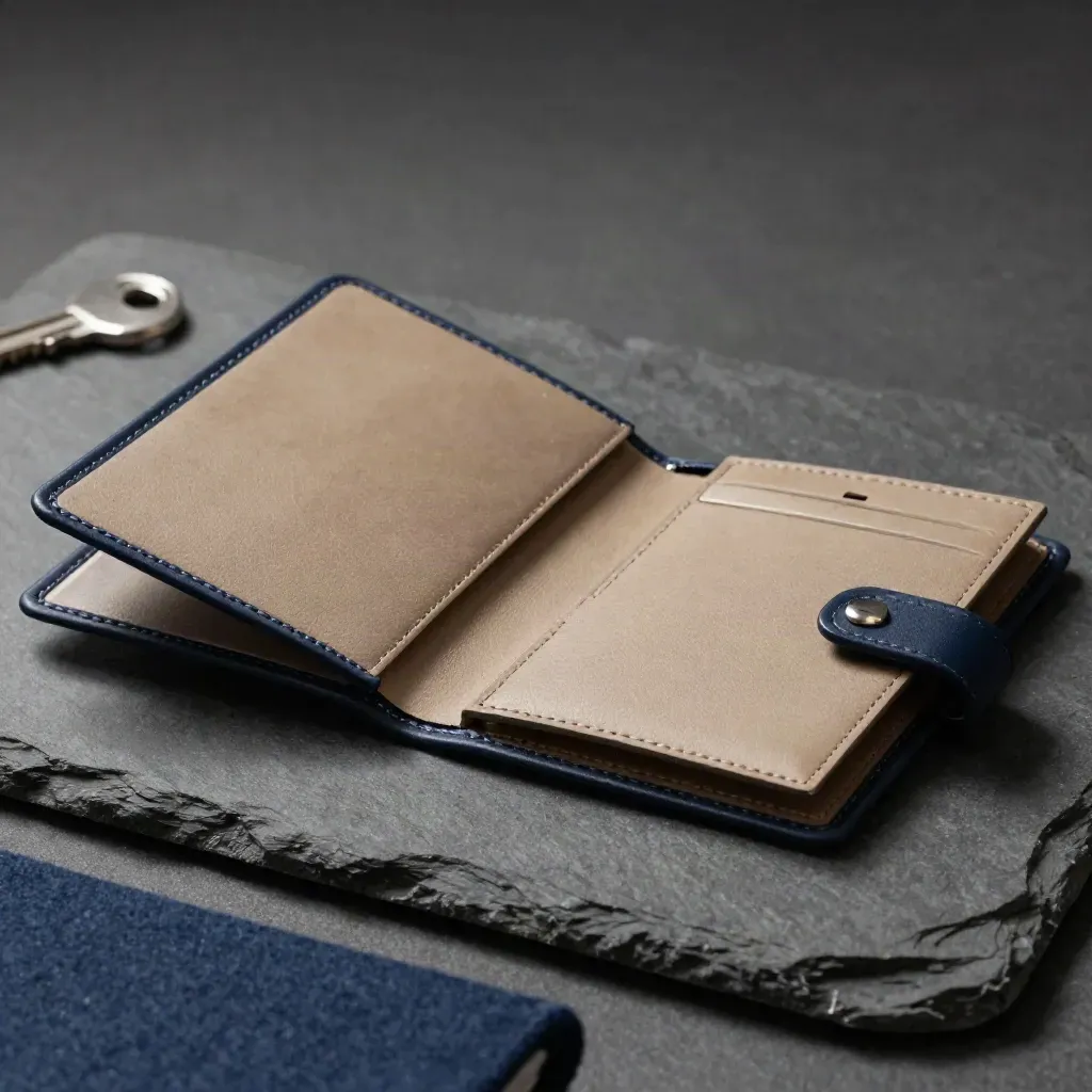 Top-down macro of a document wallet with nested sleeve and blank tab clips on graphite felt.