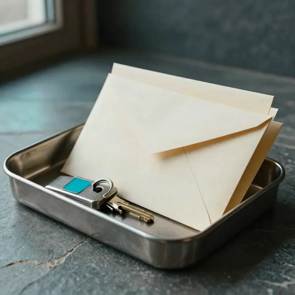 Brushed steel cash tray with envelopes and a key caddy on pale stone, seen close through a blurred tray lip.