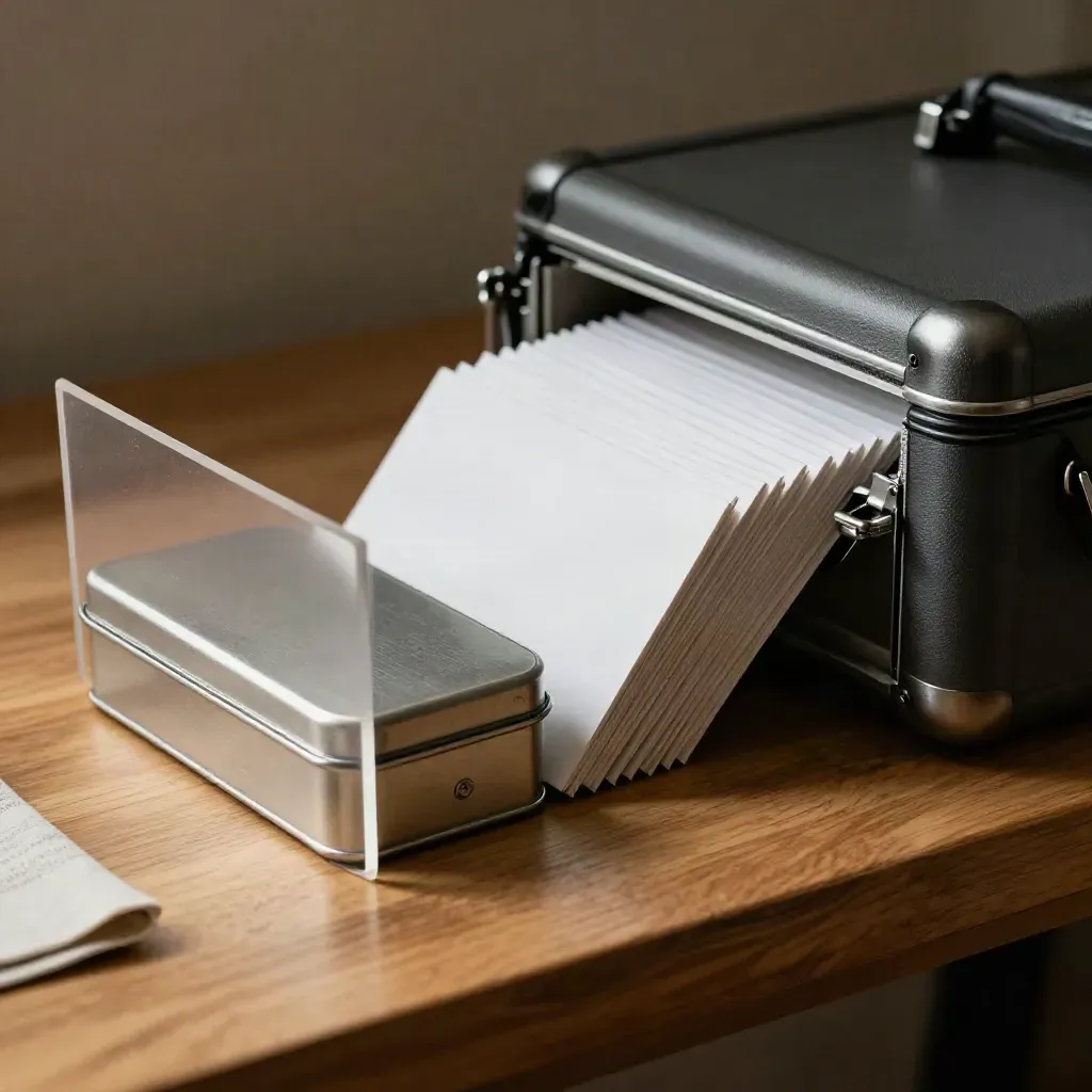 Macro proof case with acetate sleeves and an aluminum archive tin on a honey-oak bench.