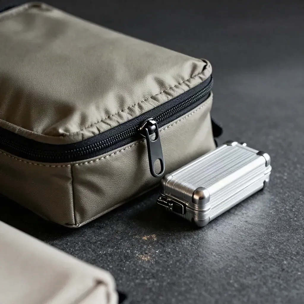 Macro still life of a zipped courier pouch, proof sleeves, and aluminum drive case on charcoal stone.