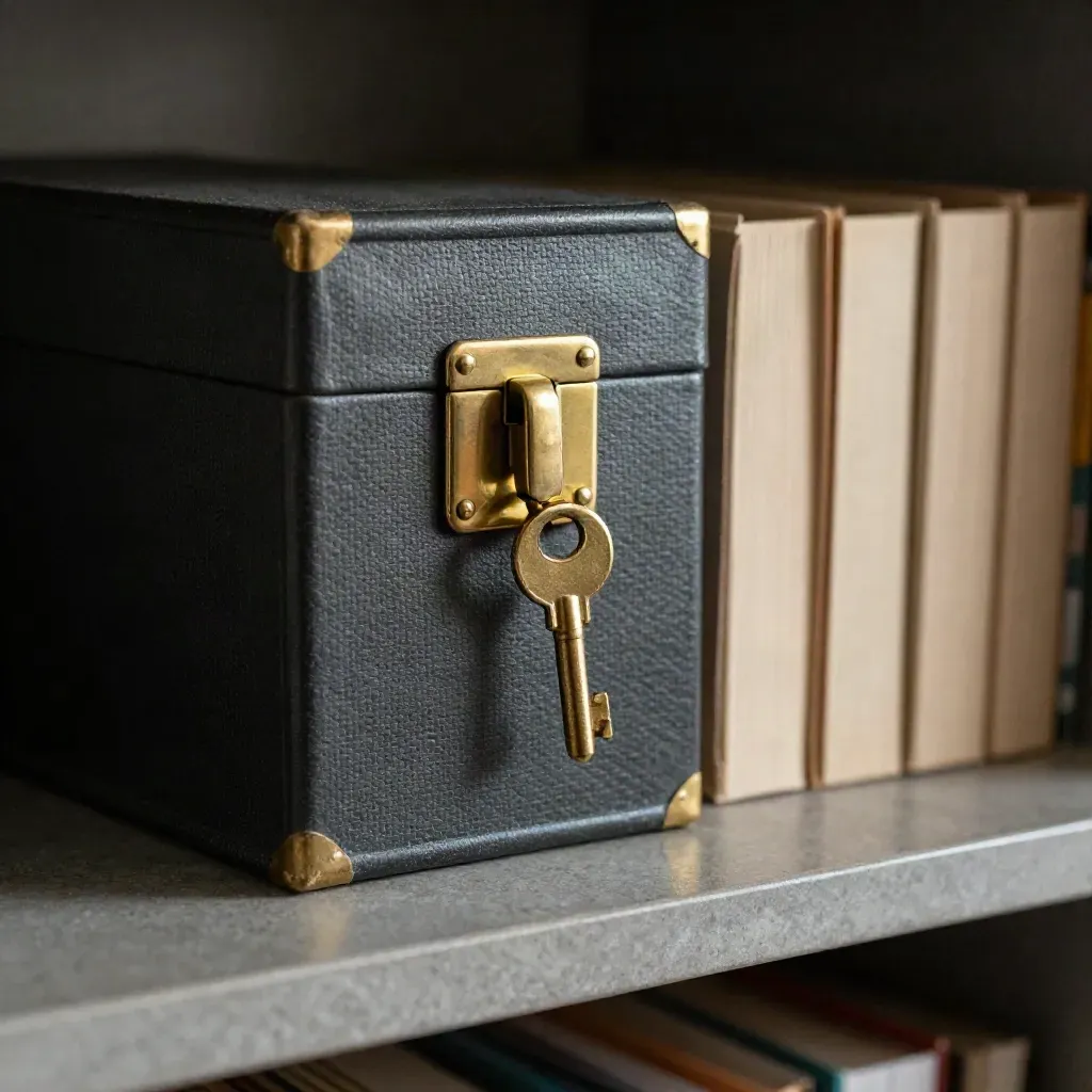 Locked archive box with brass key and blank folder spines on a dark stone shelf
