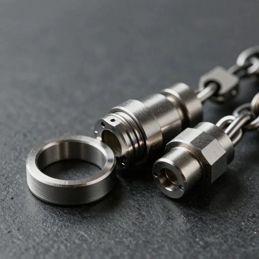 Metal rings and connector blocks on basalt in a dramatic premium still life.