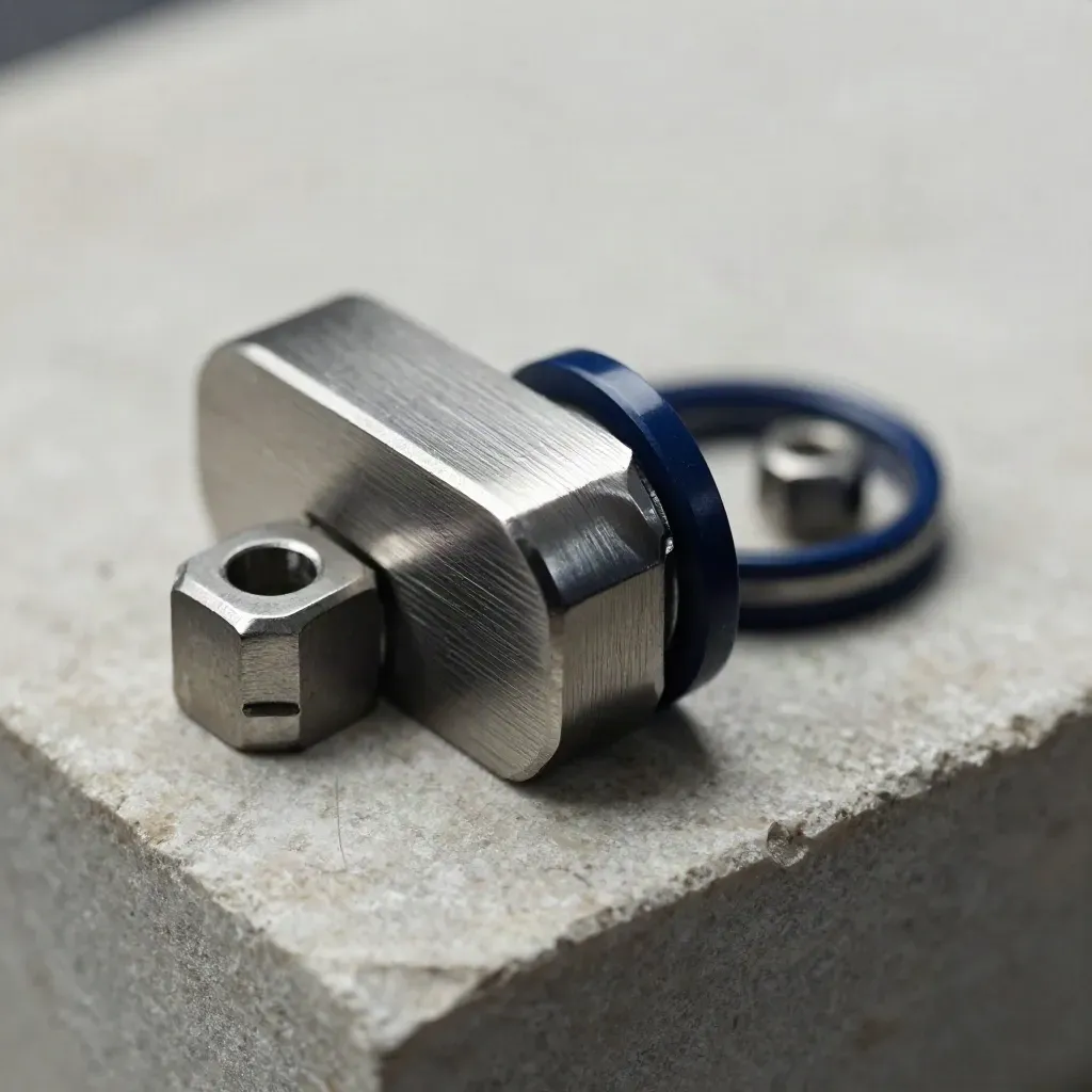 Brushed-steel dovetail connectors and hex standoffs on pale stone with a navy accent.