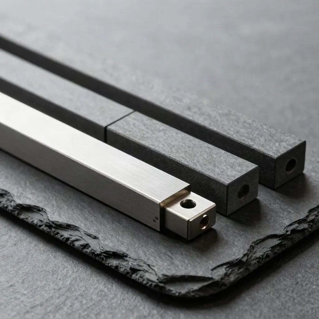 Top-down close-up of graphite modular blocks and a bridge connector on dark slate.