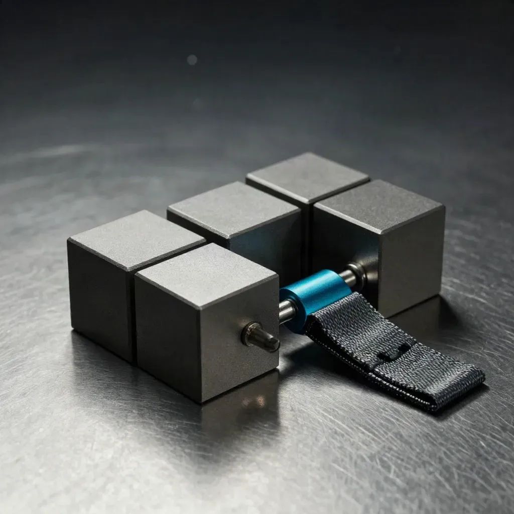 Graphite modular cubes linked by metal pins on brushed steel, with a cyan accent.