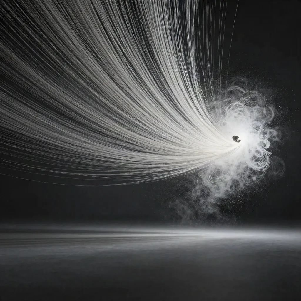 Silver light filaments converge into a soft bloom in dark graphite haze.